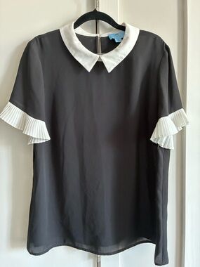 CeCe Black Blouse with White Peter Pan Collar and Pleated Sleeve Cuffs